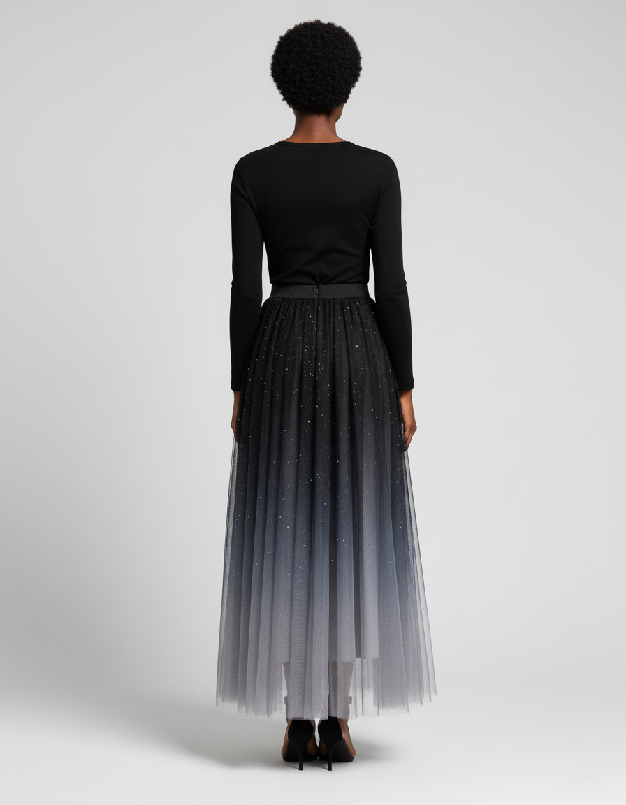 Jupe Longue Dégradée Pailletée Plissée Chic