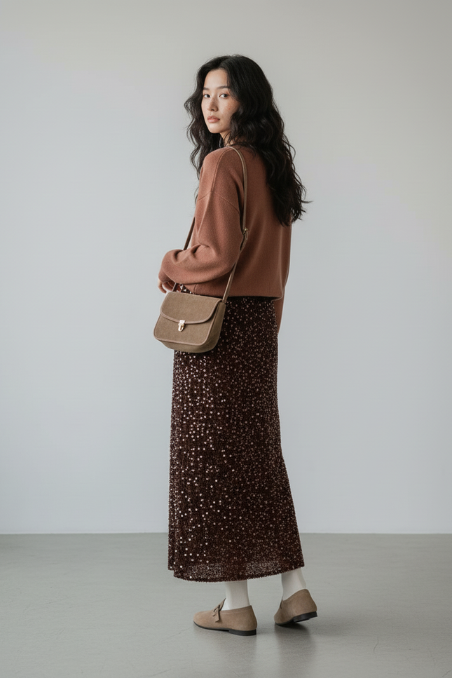 Jupe Longue Marron Paillettes Élégante