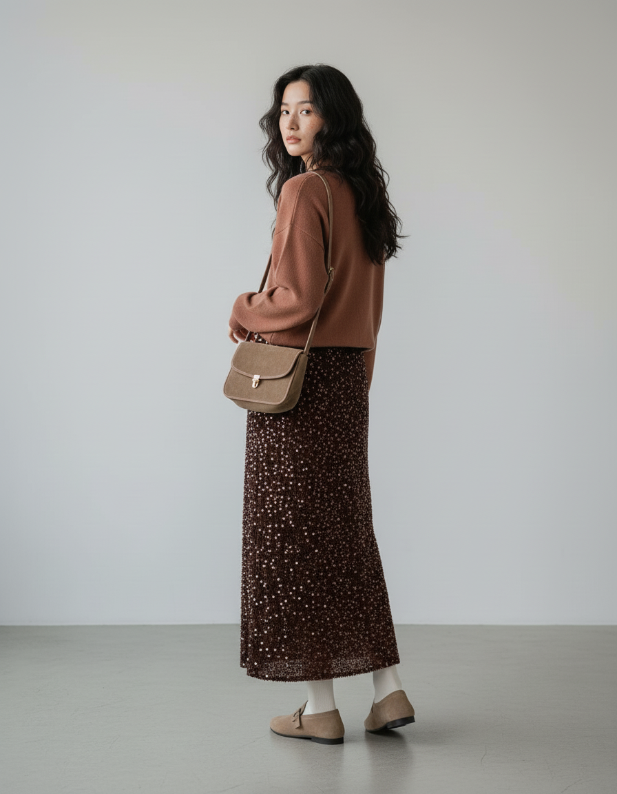 Jupe Longue Marron Paillettes Élégante