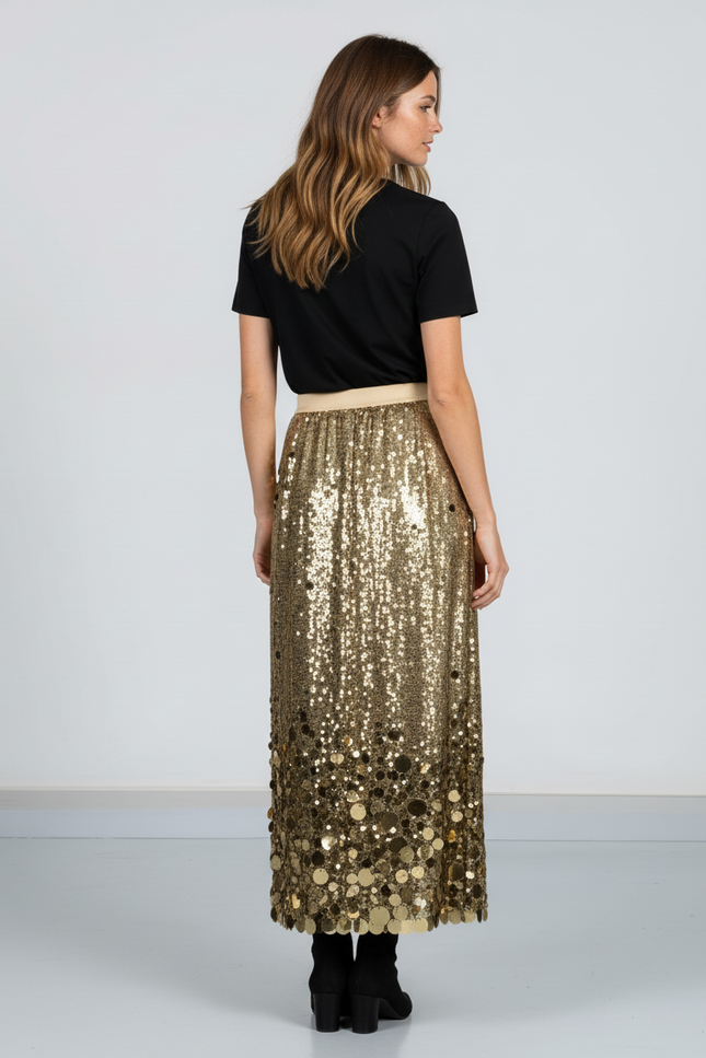 Jupe Longue Dorée Sequins Patchwork Chic