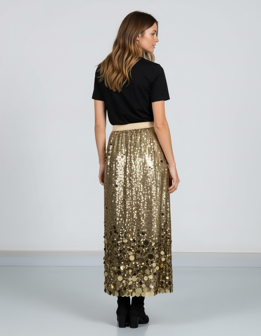 Jupe Longue Dorée Sequins Patchwork Chic