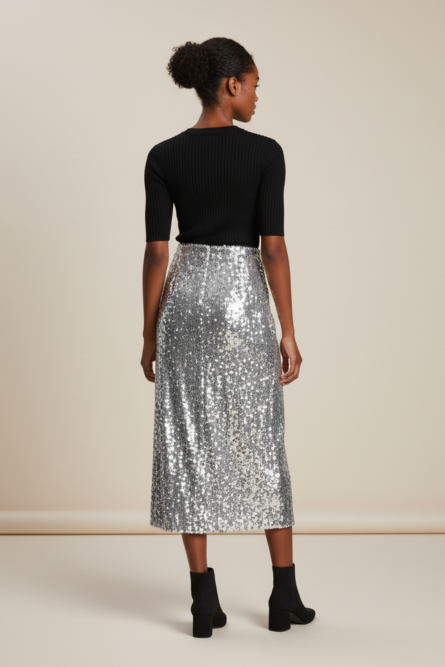 Jupe Longue Argentée Paillettes Chic