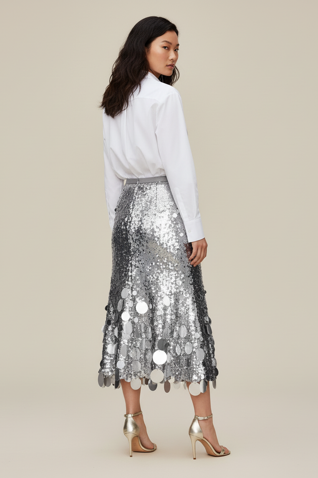 Jupe Longue Paillettes Rondes Argentées Élégante