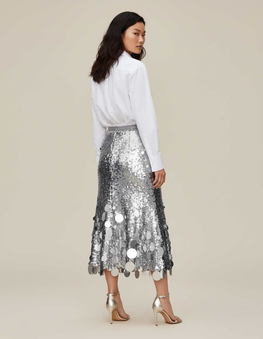 Jupe Longue Paillettes Rondes Argentées Élégante