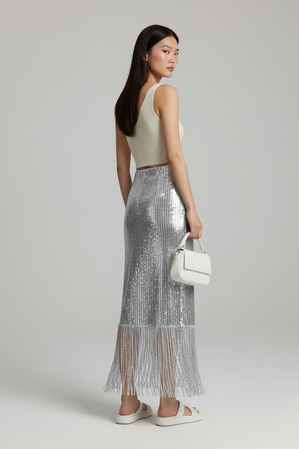 Jupe Longue Paillettes Argentées Franges Chic