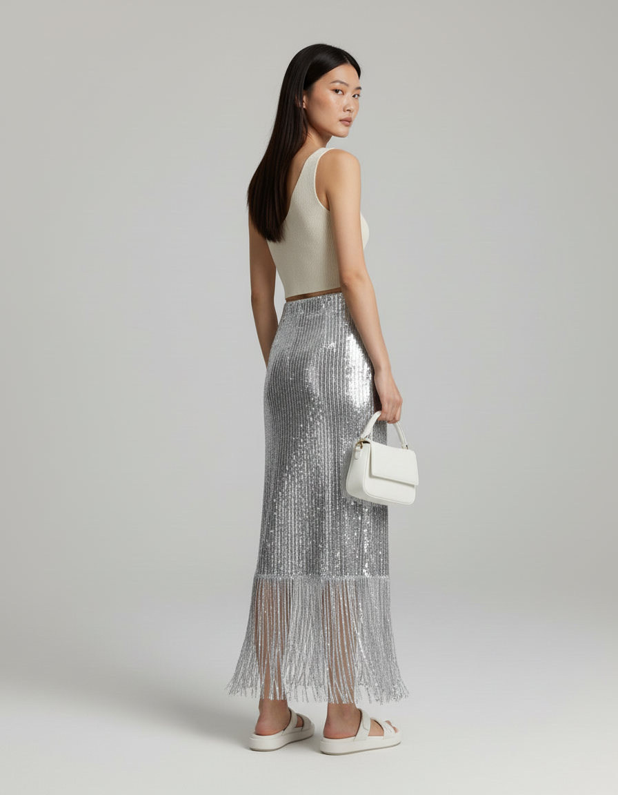 Jupe Longue Paillettes Argentées Franges Chic