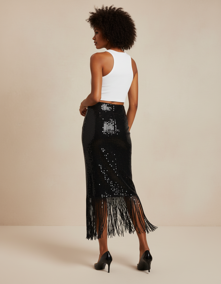 Jupe Longue Paillettes Franges Chic