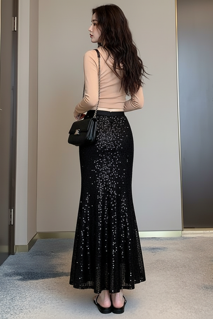 Jupe Longue Noire Pailletée Élégante Soirée