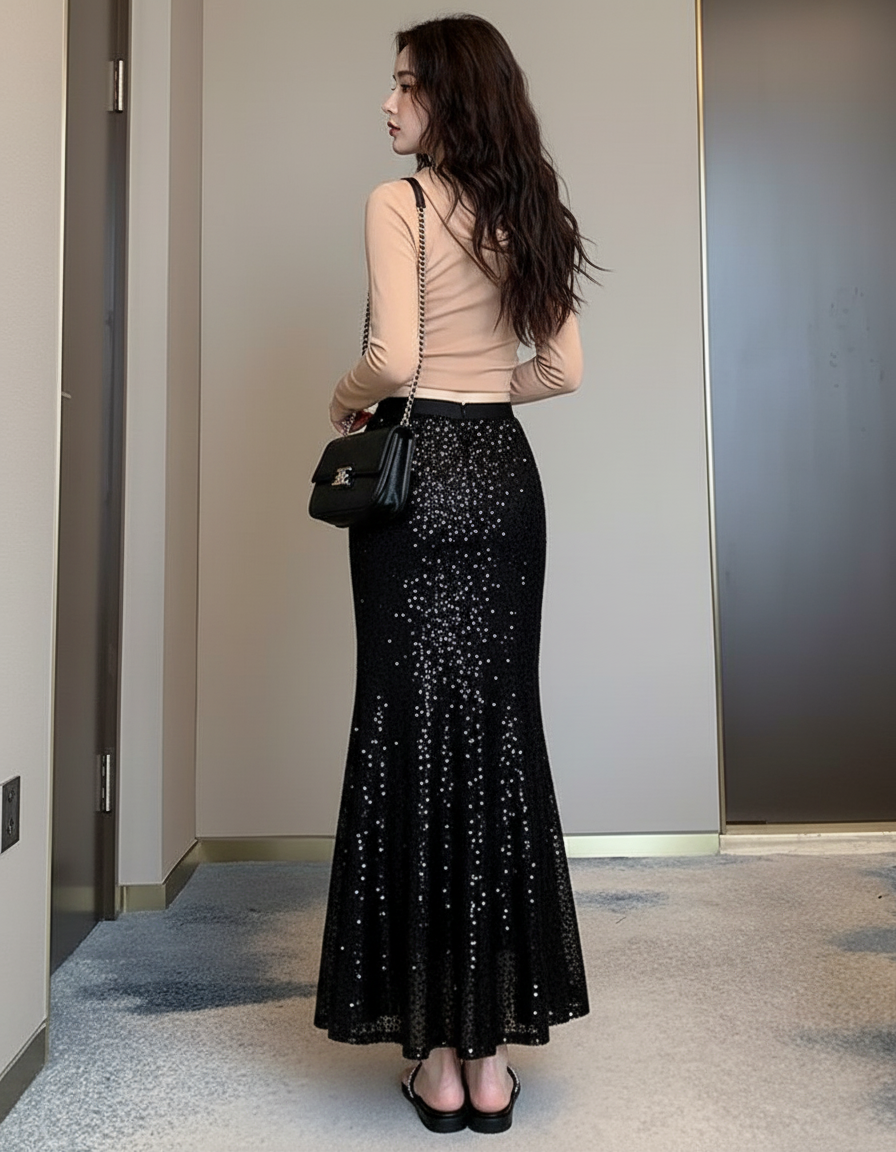 Jupe Longue Noire Pailletée Élégante Soirée