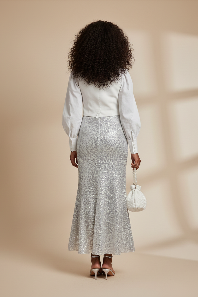 Jupe Longue Pailletée Argentée Élégante