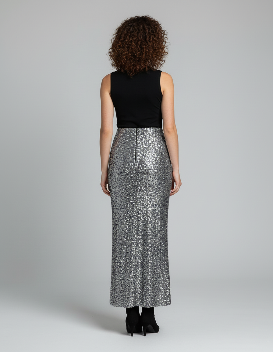 Jupe Longue Argentée Paillettes Élégante