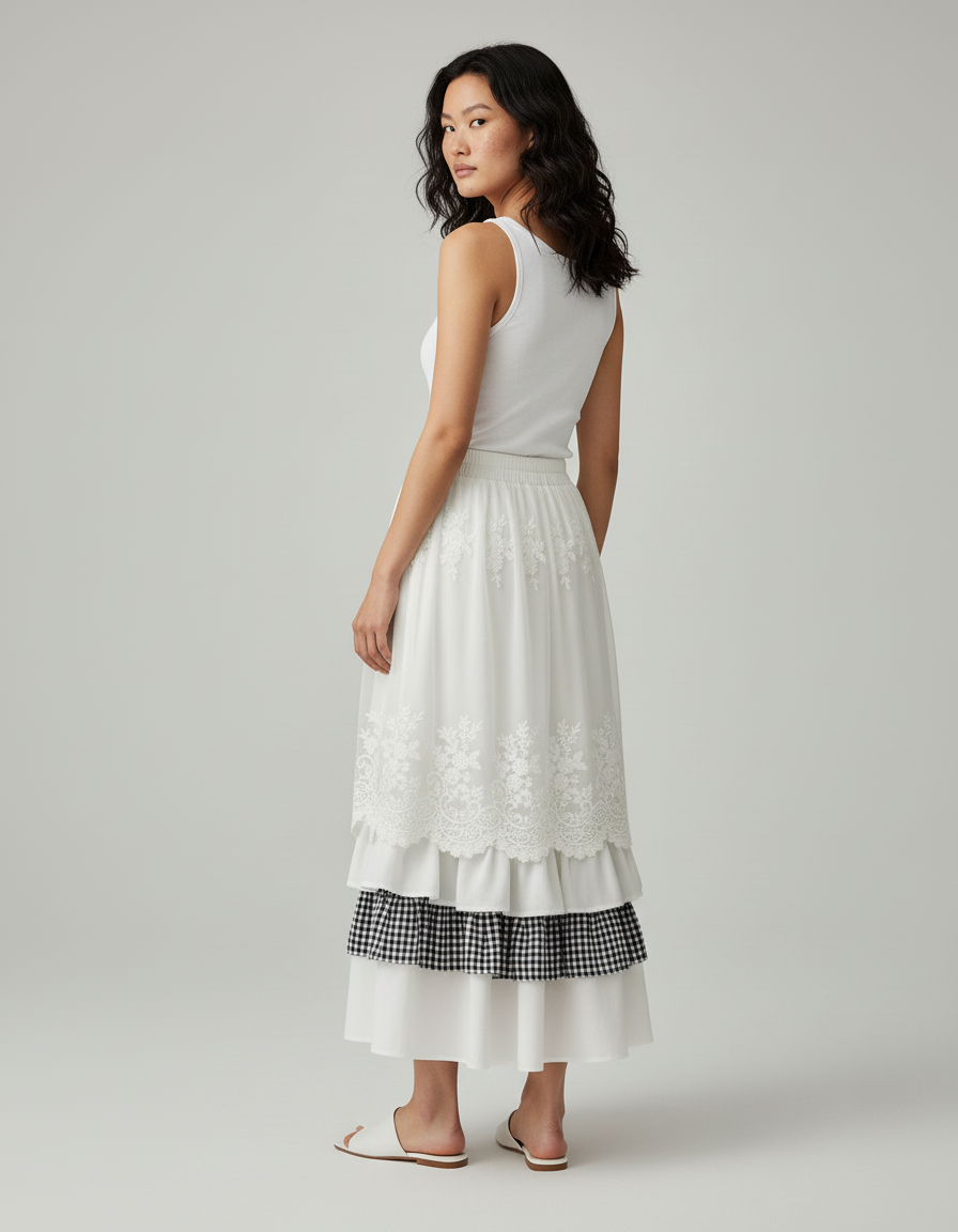 Jupe Longue Dentelle Carreaux Bohème