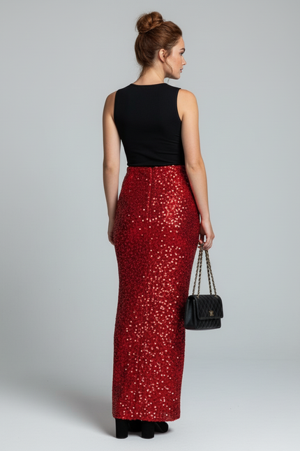 Jupe Longue Rouge À Paillettes Élégante