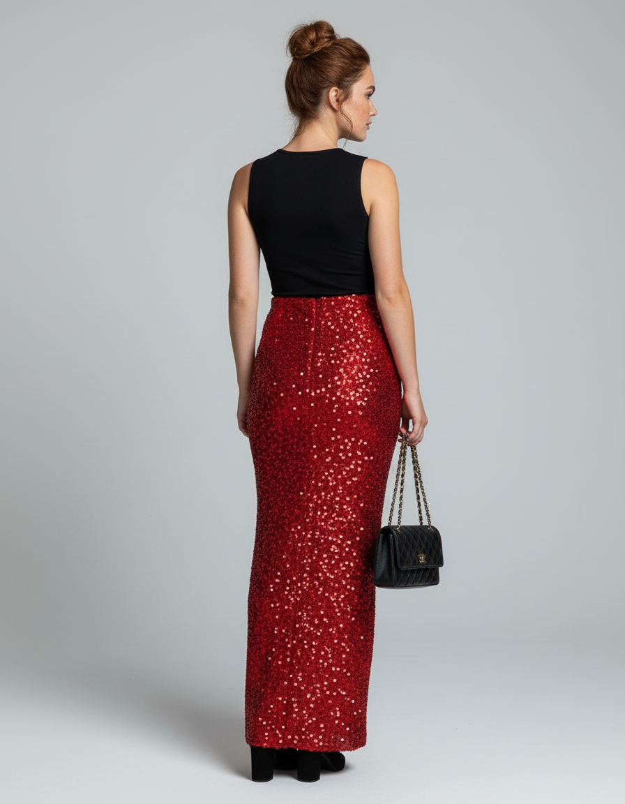 Jupe Longue Rouge À Paillettes Élégante