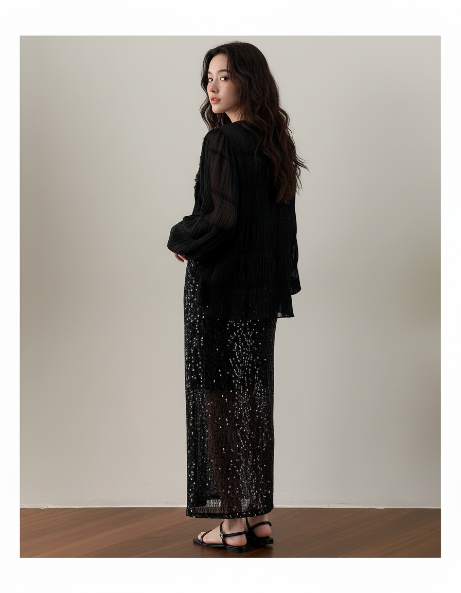 Jupe Longue Noire Pailletée Élégante Femme