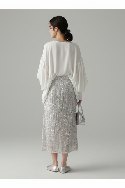 Jupe Longue Paillettes Argentée Élégante