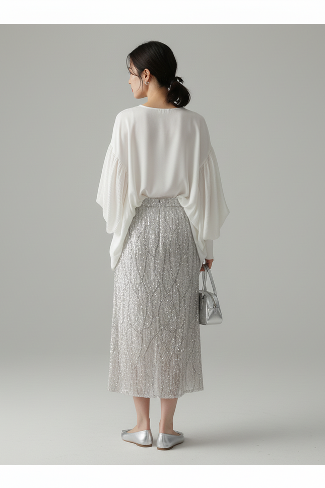 Jupe Longue Paillettes Argentée Élégante