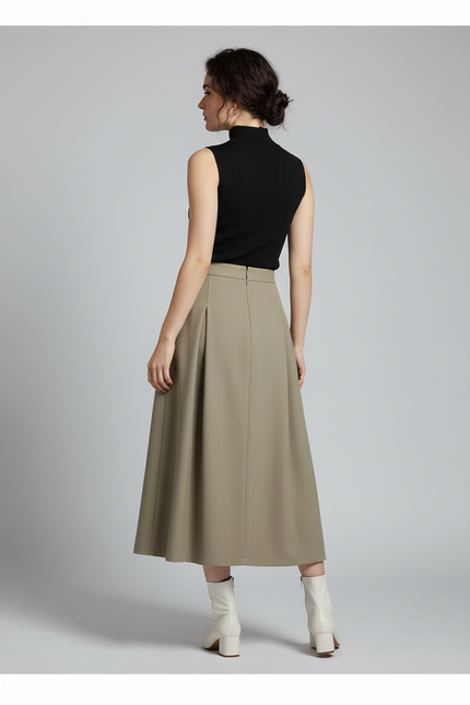 Jupe Longue Kaki Plissée Fluide Tendance