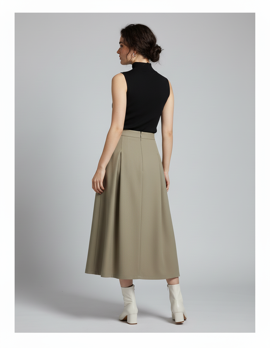 Jupe Longue Kaki Plissée Fluide Tendance