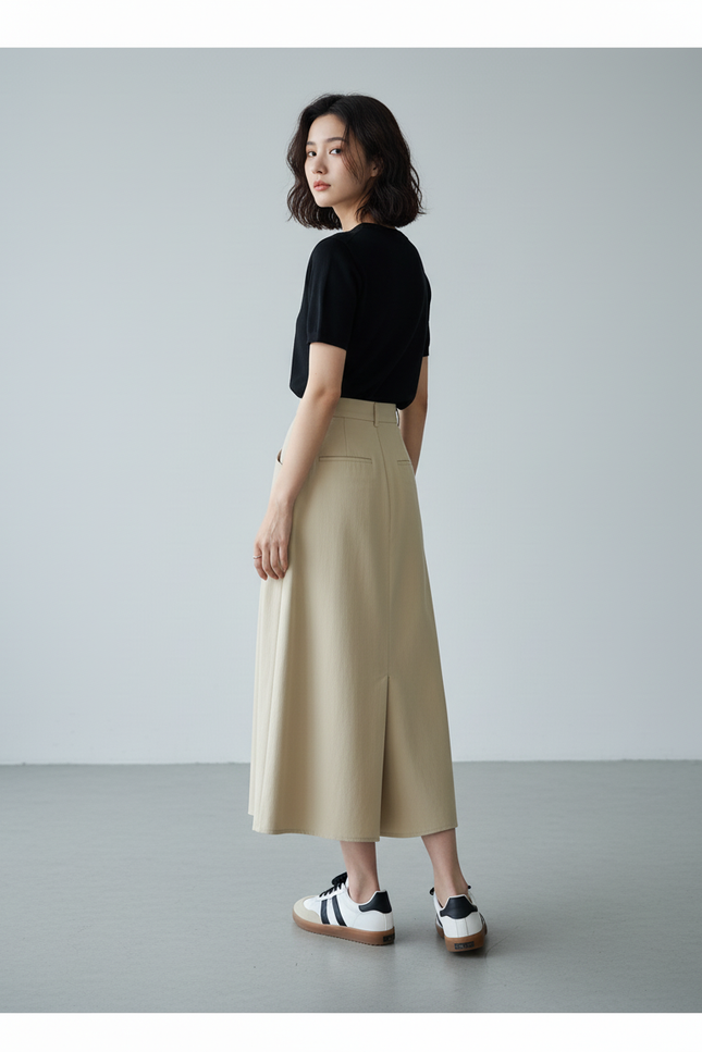 Jupe Longue Beige Plissée Décontractée