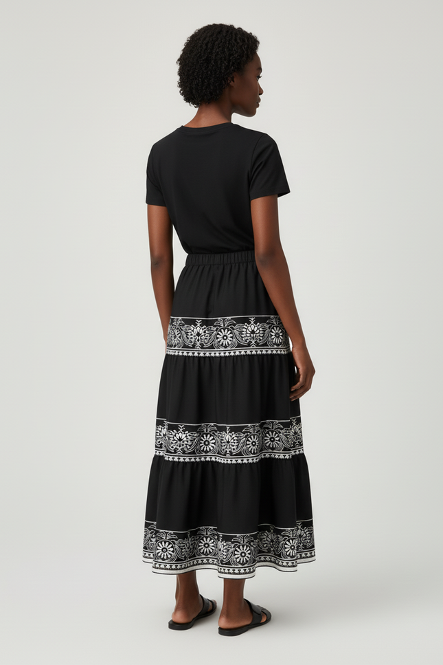 Jupe Longue À Volants Imprimée Géométrique Fluide