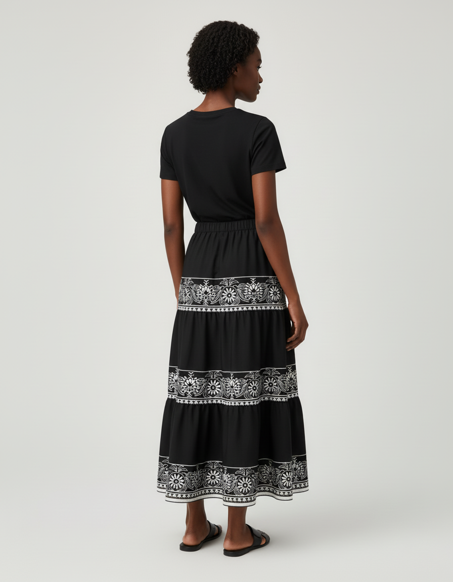 Jupe Longue À Volants Imprimée Géométrique Fluide