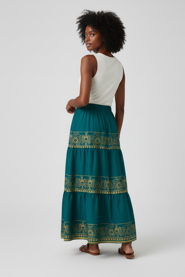 Jupe Longue Bohème Vert Canard Motif Doré