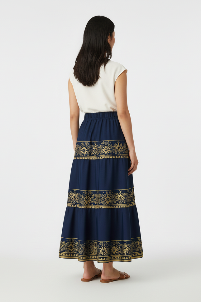 Jupe Longue Bleu Marine Imprimée Dorée Bohème