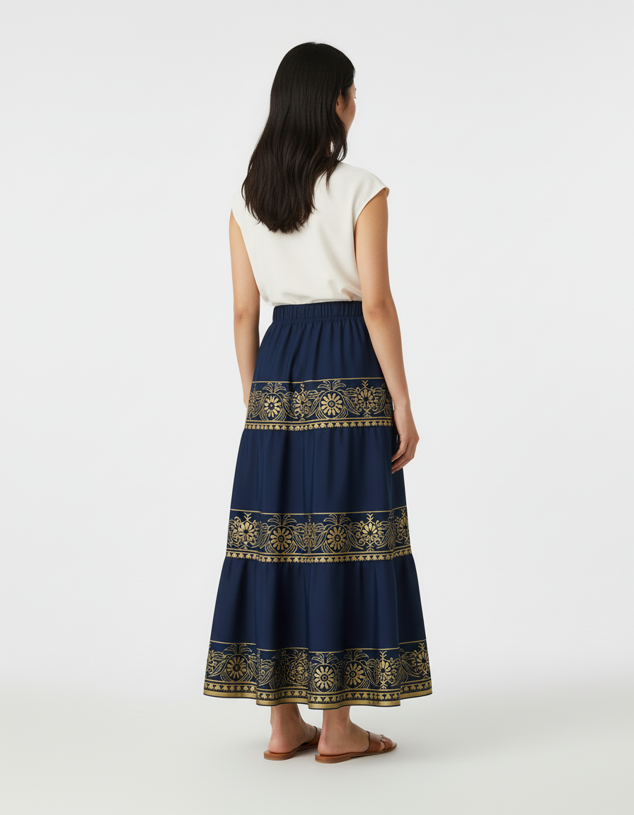 Jupe Longue Bleu Marine Imprimée Dorée Bohème