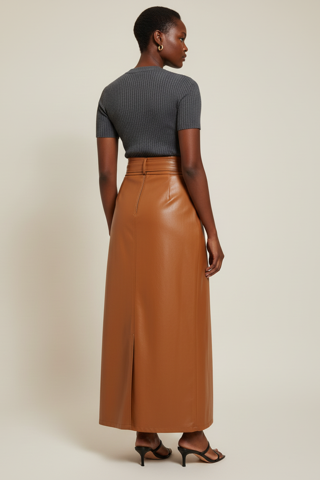 Jupe Longue Simili Cuir Camel