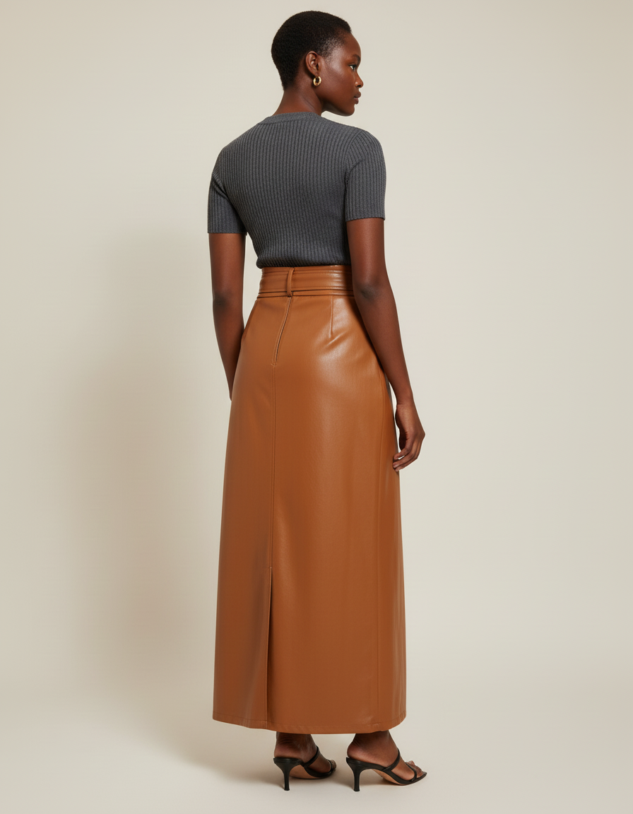 Jupe Longue Simili Cuir Camel