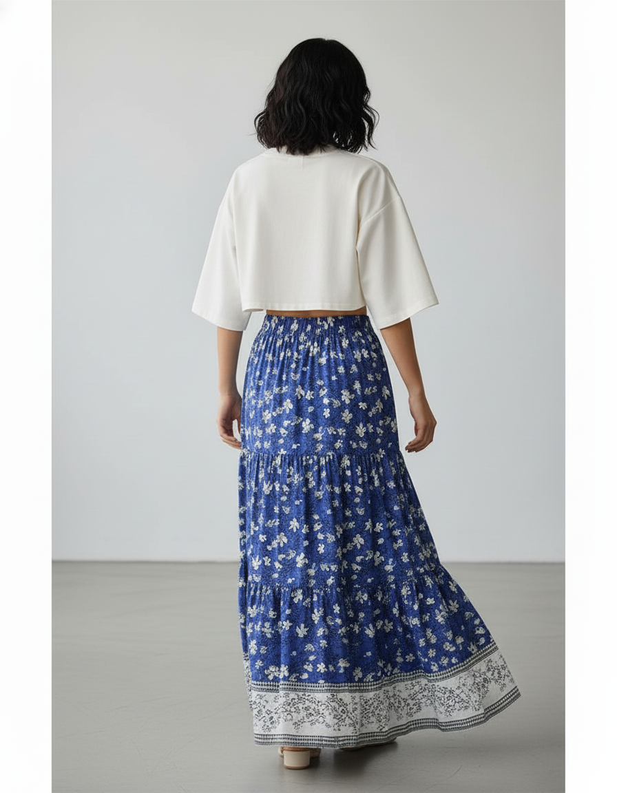 Jupe Longue Bleue Fleurie Bohème