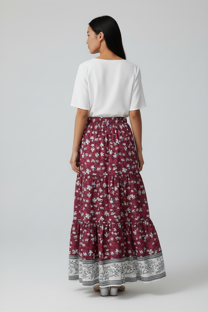 Jupe Longue Florale Bordeaux Fluide