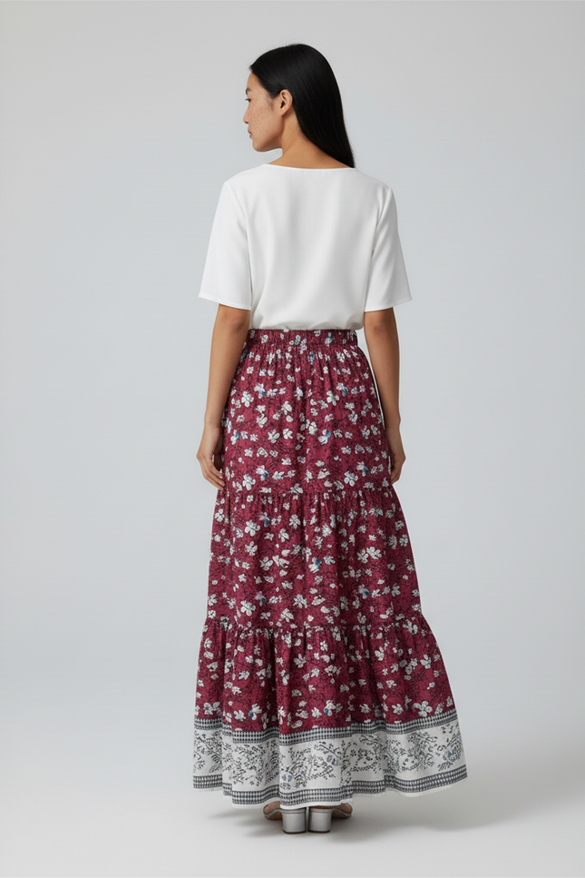Jupe Longue Florale Bordeaux Fluide