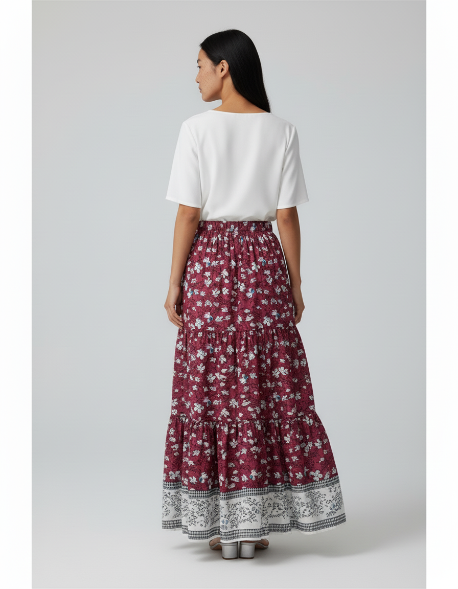 Jupe Longue Florale Bordeaux Fluide