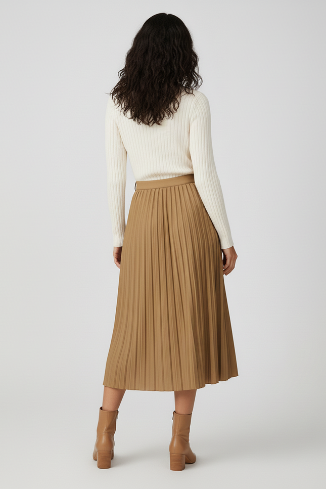 Jupe Longue Camel Plissée Élégante Mode