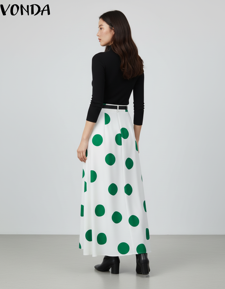 Jupe Longue Blanche À Pois Verts Bohème