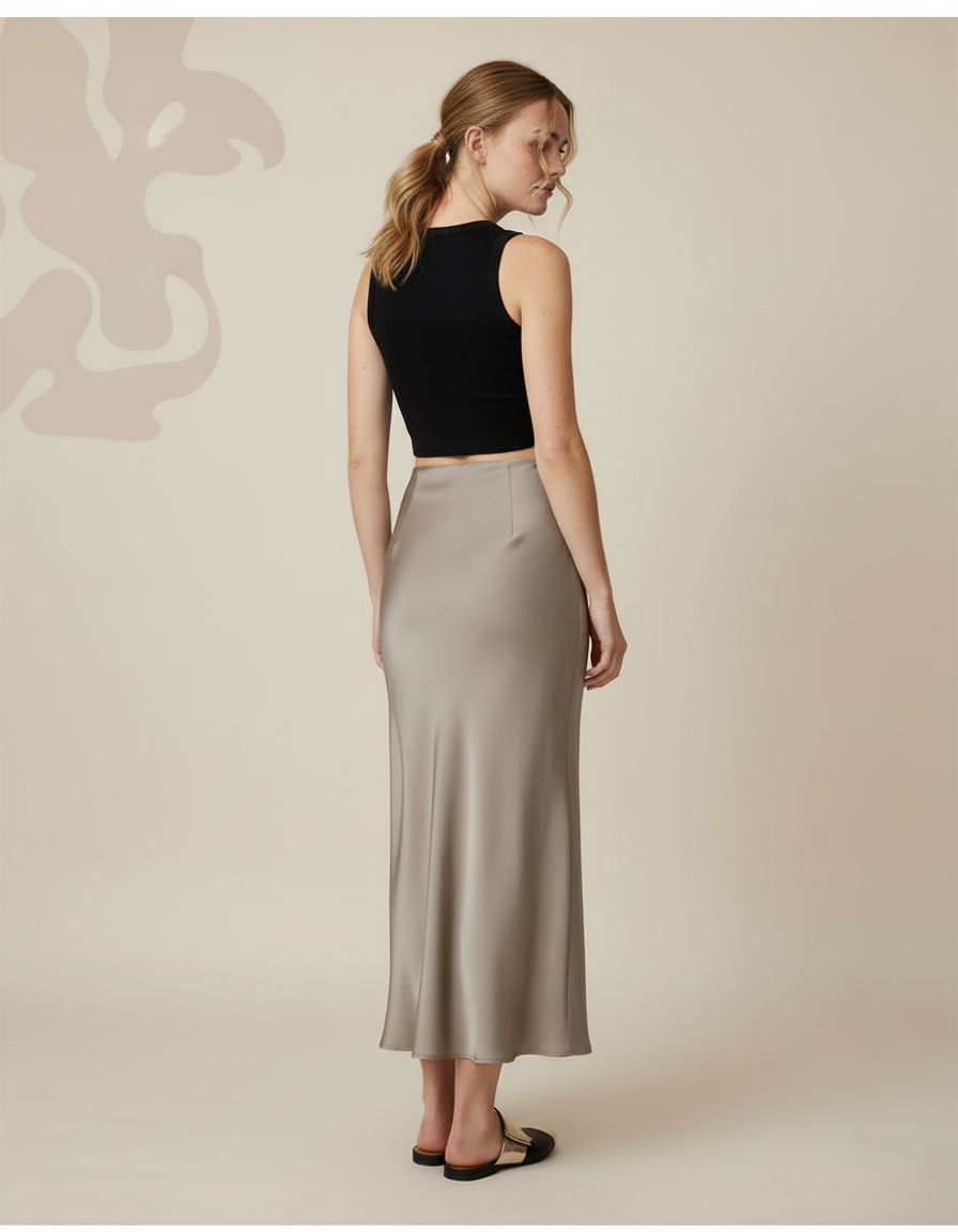 Jupe Longue Satin Champagne Fluide Femme