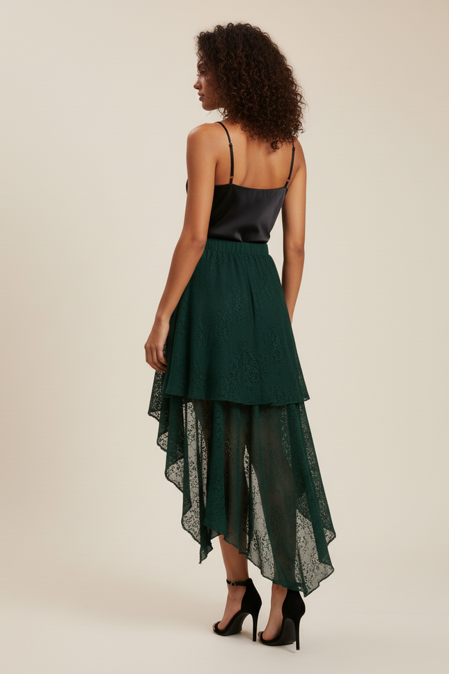 Jupe Longue Fluide Dentelle Asymétrique Verte