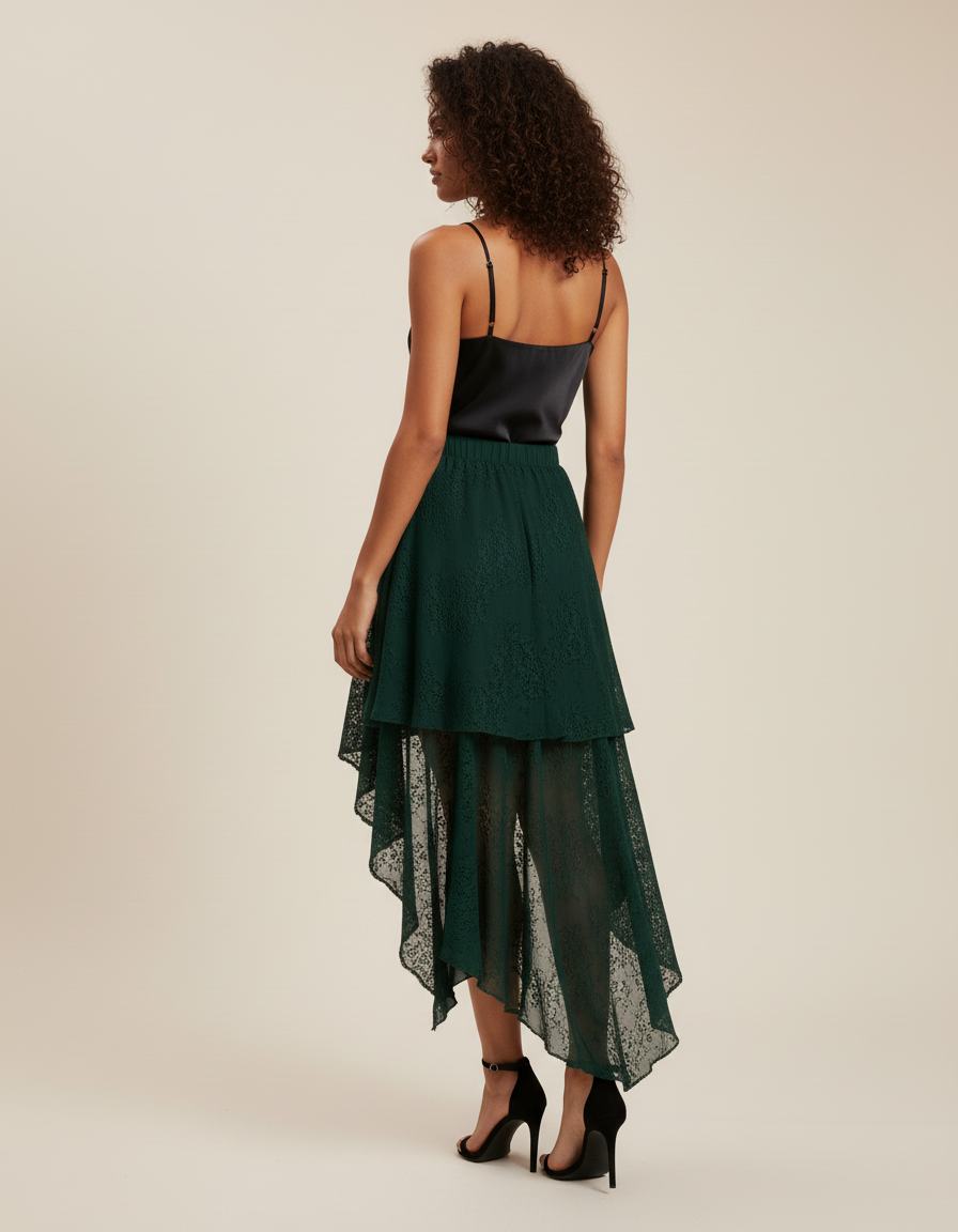 Jupe Longue Fluide Dentelle Asymétrique Verte