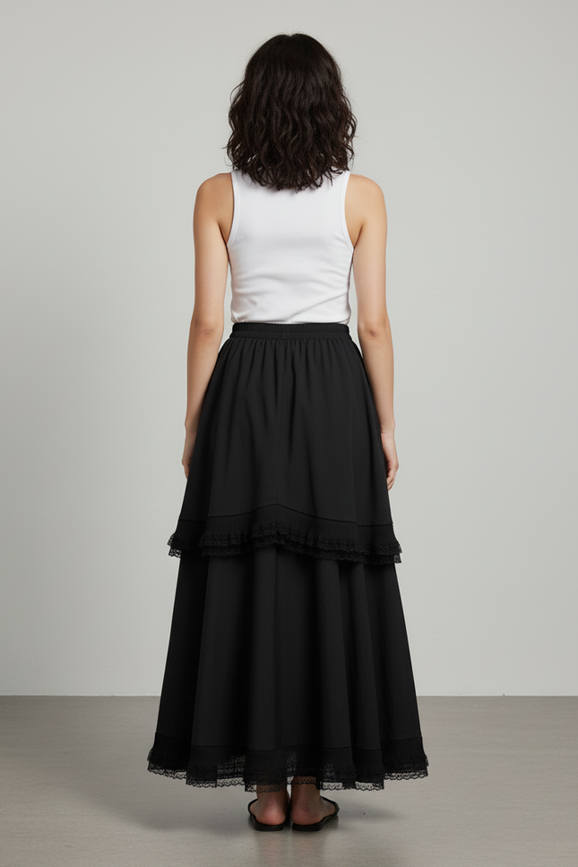 Jupe Longue Noire Volants Dentelle Bohème