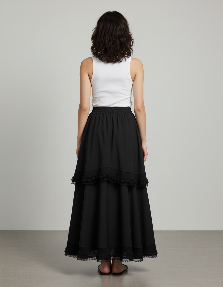 Jupe Longue Noire Volants Dentelle Bohème