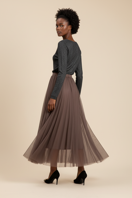 Jupe Longue Taupe Tulle Fluide