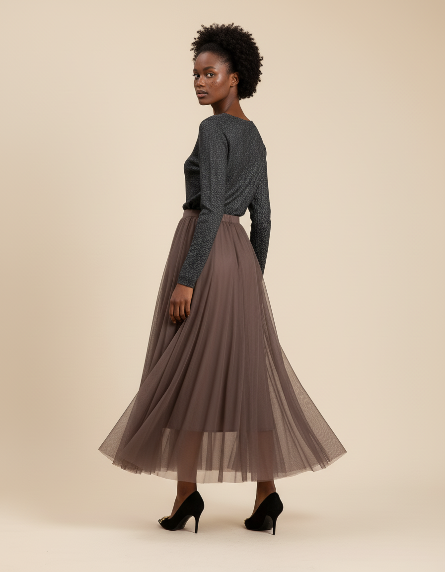 Jupe Longue Taupe Tulle Fluide