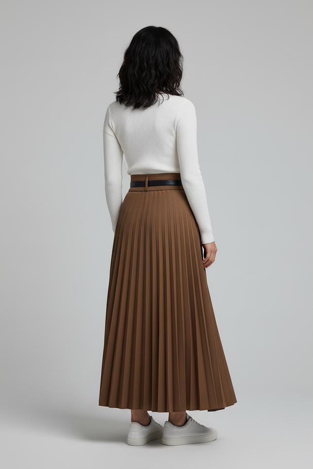 Jupe Longue Plissée Marron Élégante Tendance
