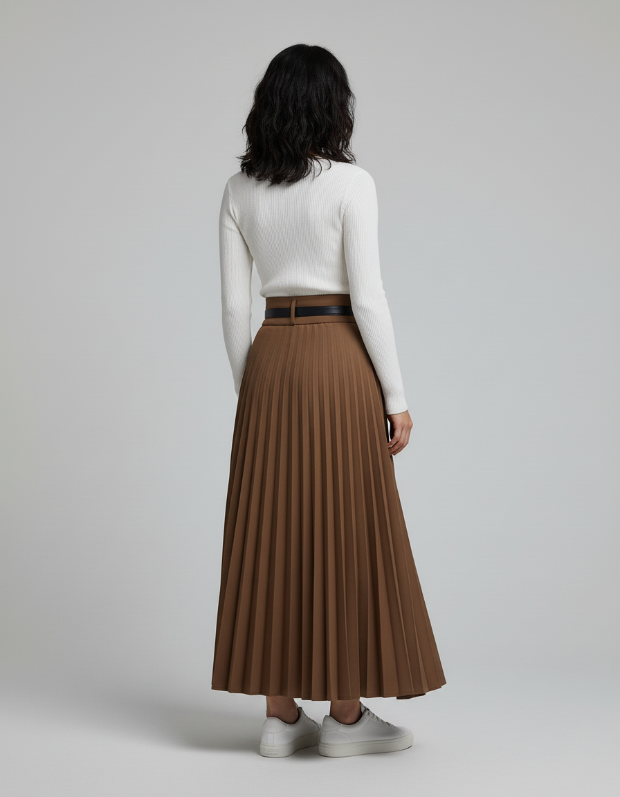 Jupe Longue Plissée Marron Élégante Tendance