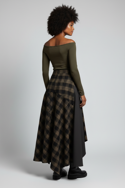 Jupe Longue Plaid Asymétrique Grunge