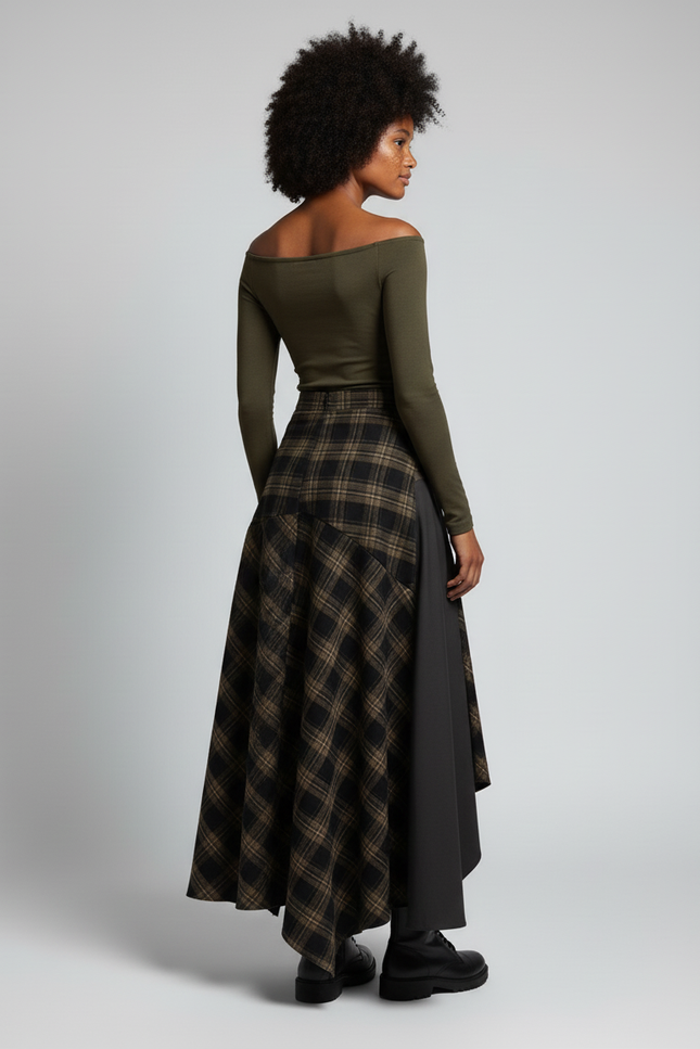 Jupe Longue Plaid Asymétrique Grunge