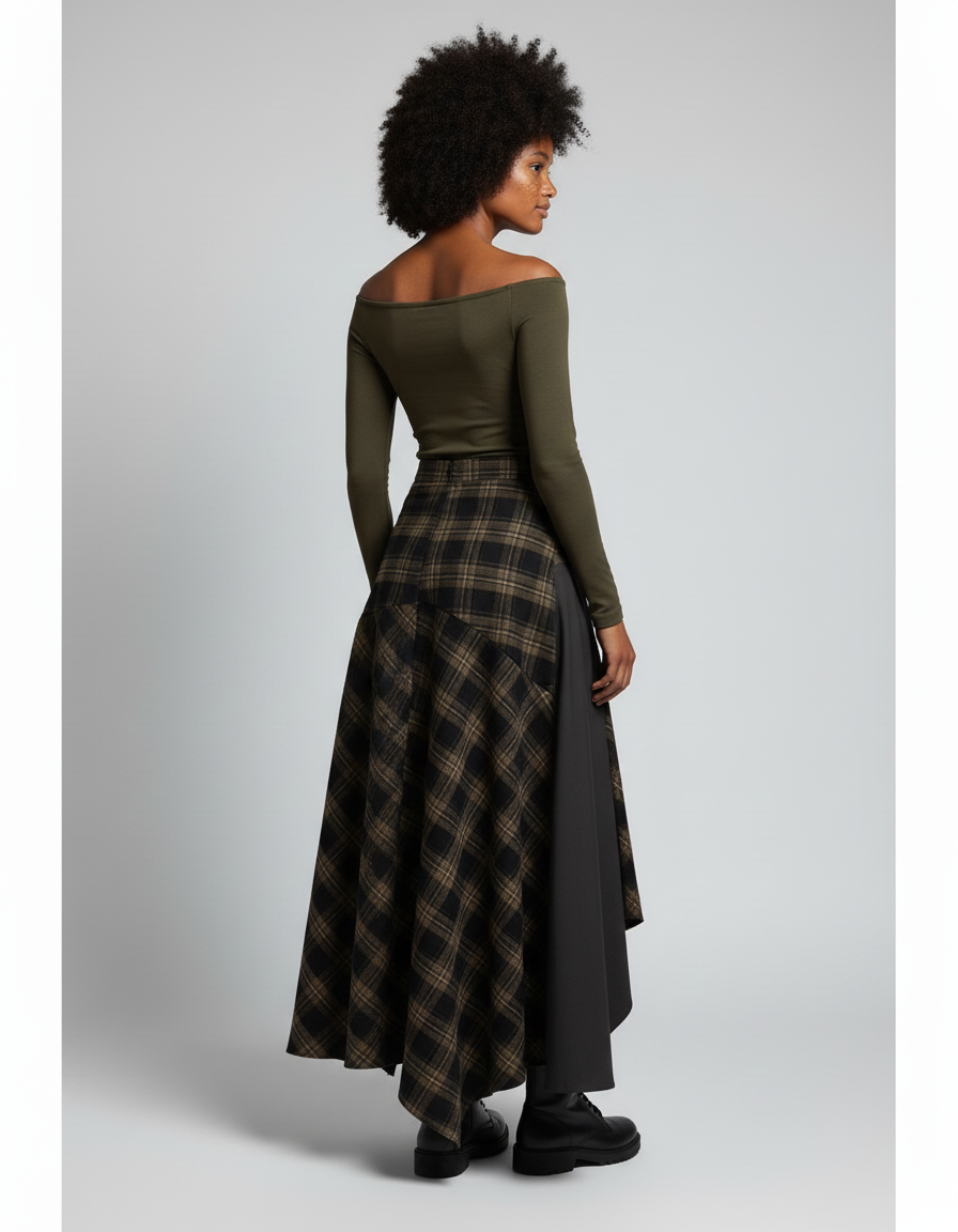 Jupe Longue Plaid Asymétrique Grunge