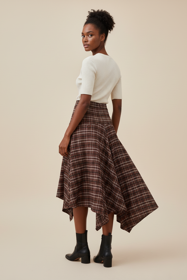 Jupe Longue Carreaux Marron Ourlet Asymétrique Vintage
